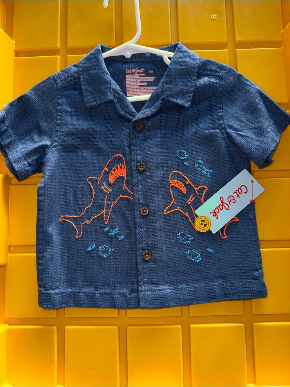 Cat & Jack Navy Short-Sleeve Button-Front Shark Shirt with Orange Embroidery